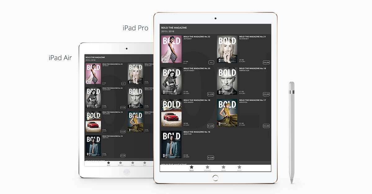 Größenvergleich iPad Pro - Nun haben auch vier Magazine in der  APP Kiosk-Ansicht Platz